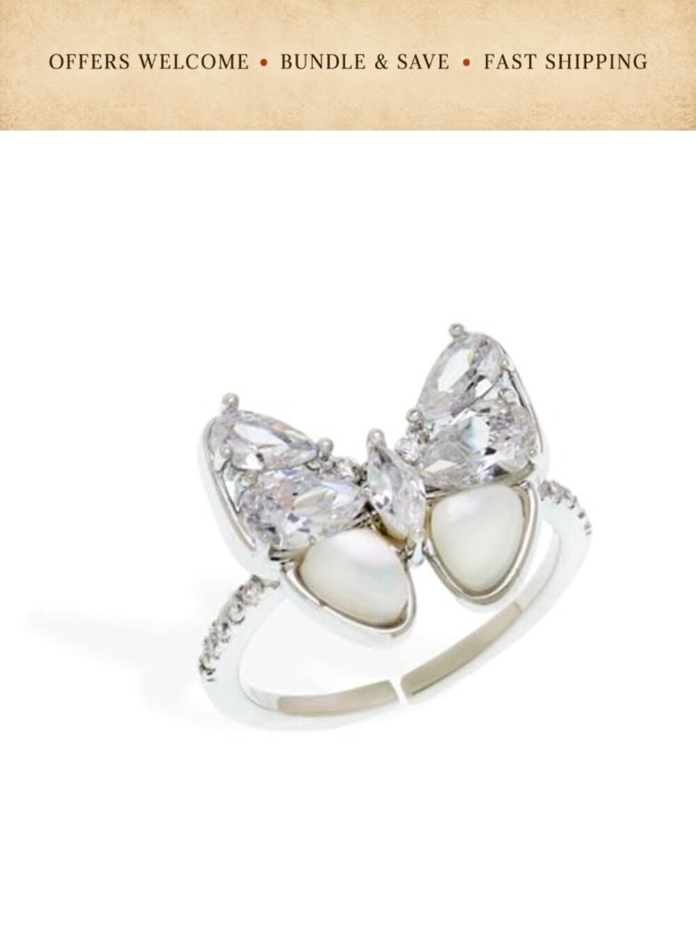 Chunky Adjustable Butterfly Cubic Zirconia Open Ring Statement Jewelry